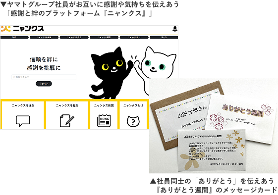 ヤマトグループ社員がお互いに感謝や気持ちを伝えあう「感謝と絆のプラットフォーム『ニャンクス』」イメージと社員同士の「ありがとう」を伝えあう『ありがとう週間』のメッセージカードイメージ